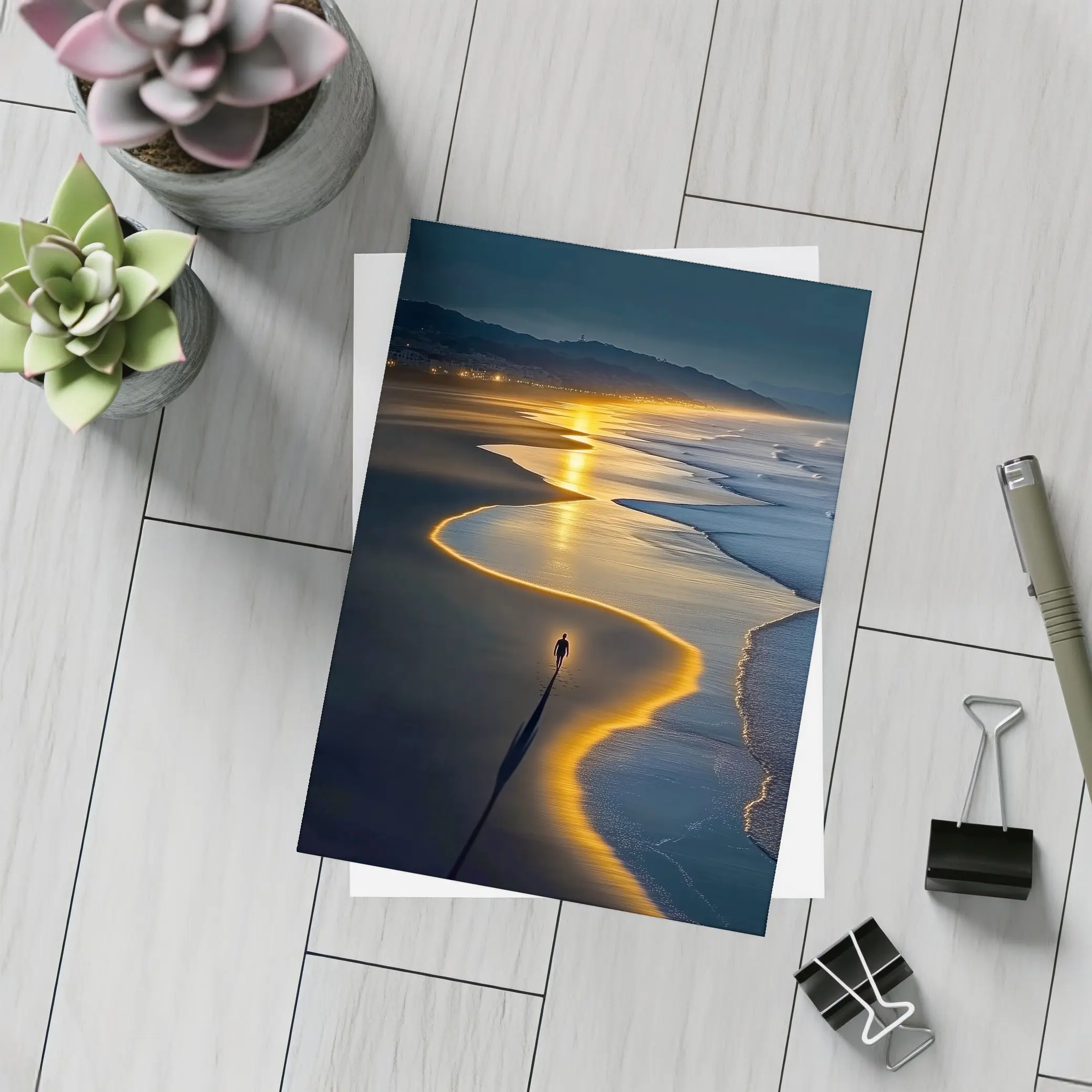 Lone Figure Walking Glowing Beach At Night – Postcards