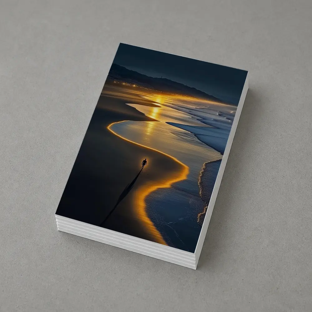 Lone Figure Walking Glowing Beach At Night – Postcards