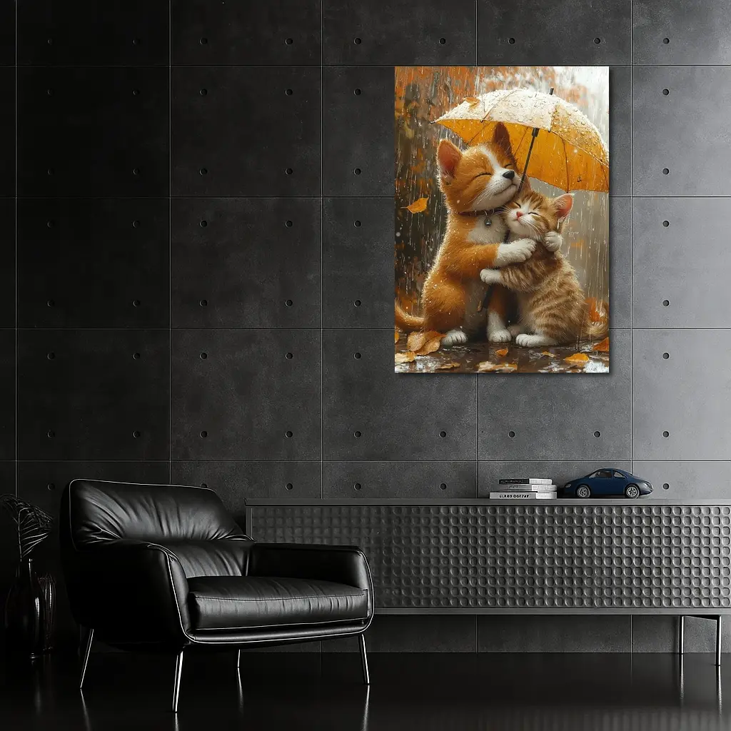 Two Orange Cats Hugging Under Yellow Umbrella – Wall Art