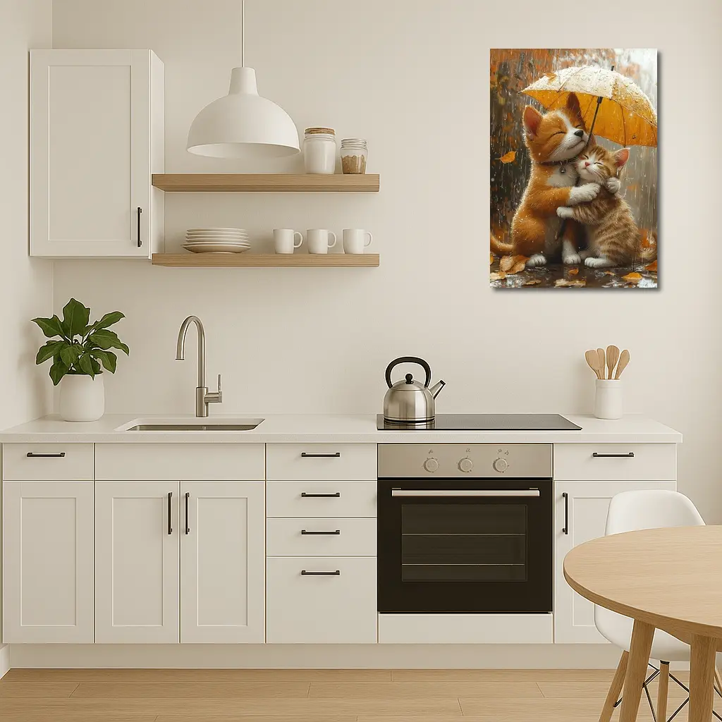 Two Orange Cats Hugging Under Yellow Umbrella – Wall Art