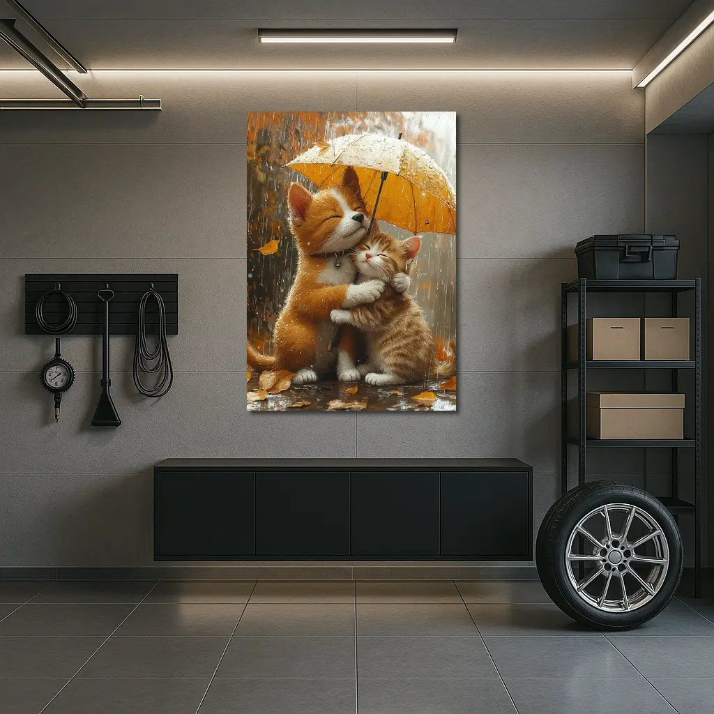 Two Orange Cats Hugging Under Yellow Umbrella – Wall Art