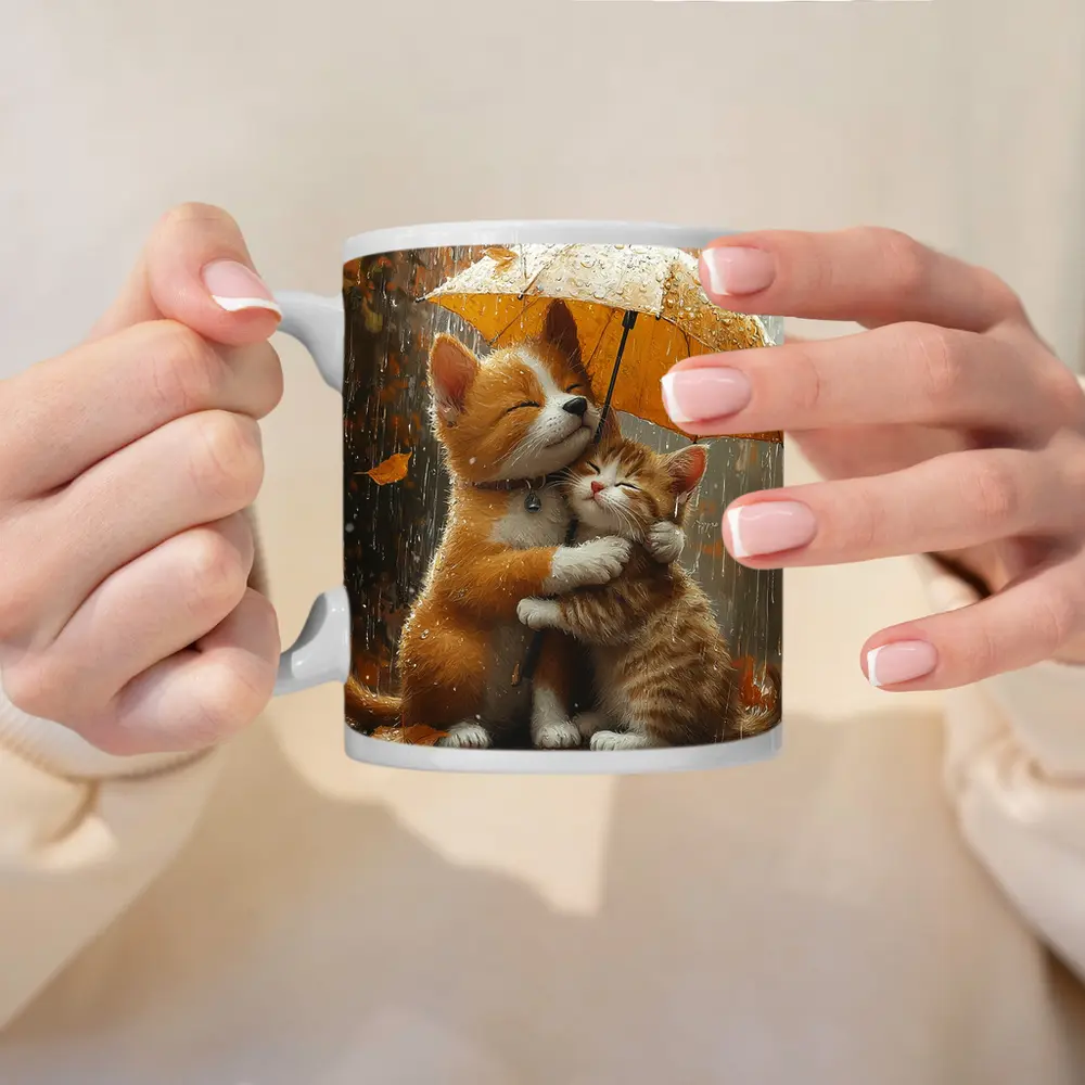 Two Orange Cats Hugging Under Yellow Umbrella – Mugs
