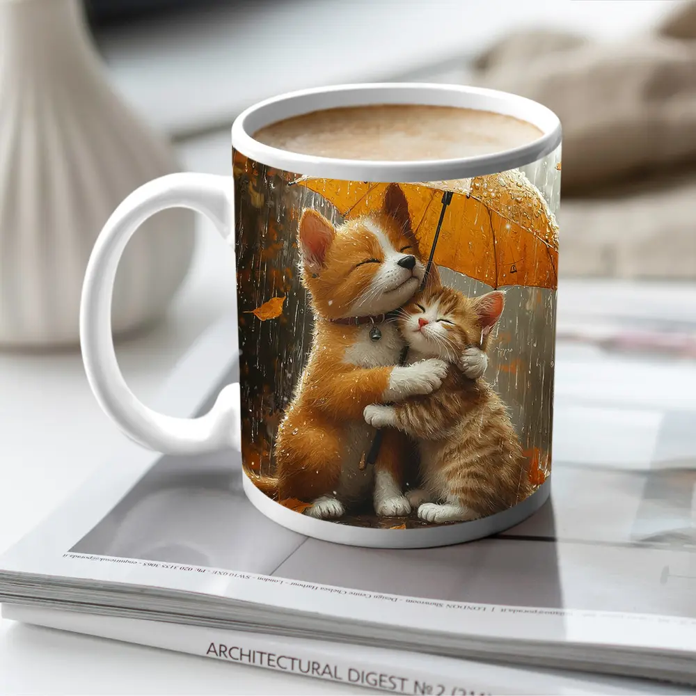 Two Orange Cats Hugging Under Yellow Umbrella – Mugs