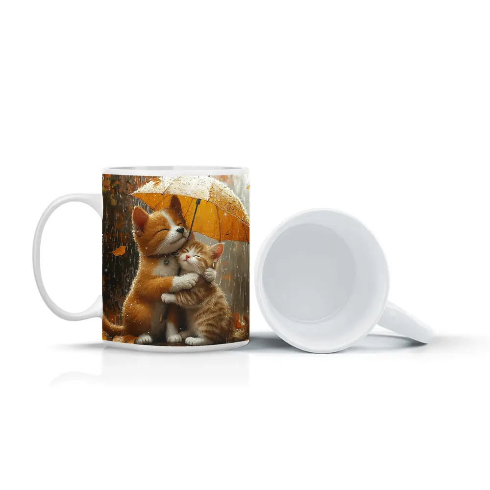 Two Orange Cats Hugging Under Yellow Umbrella – Mugs