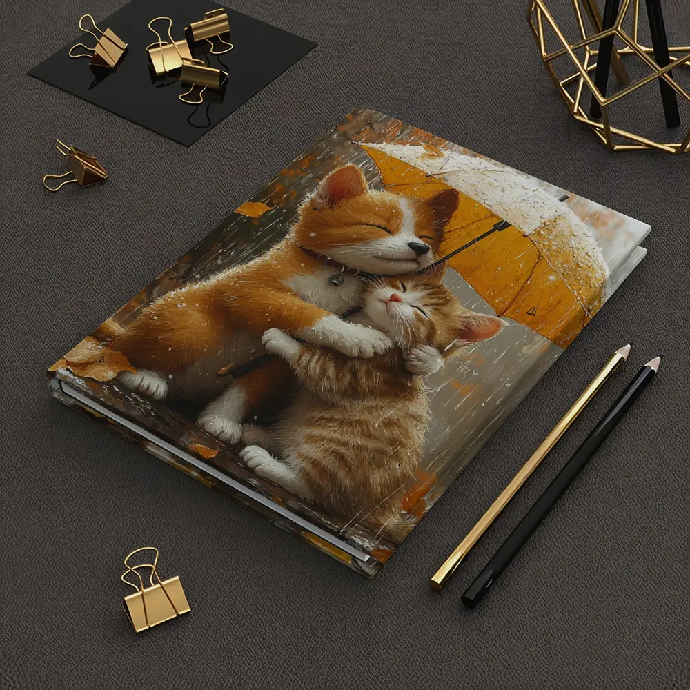 Two Orange Cats Hugging Under Yellow Umbrella – Notebooks