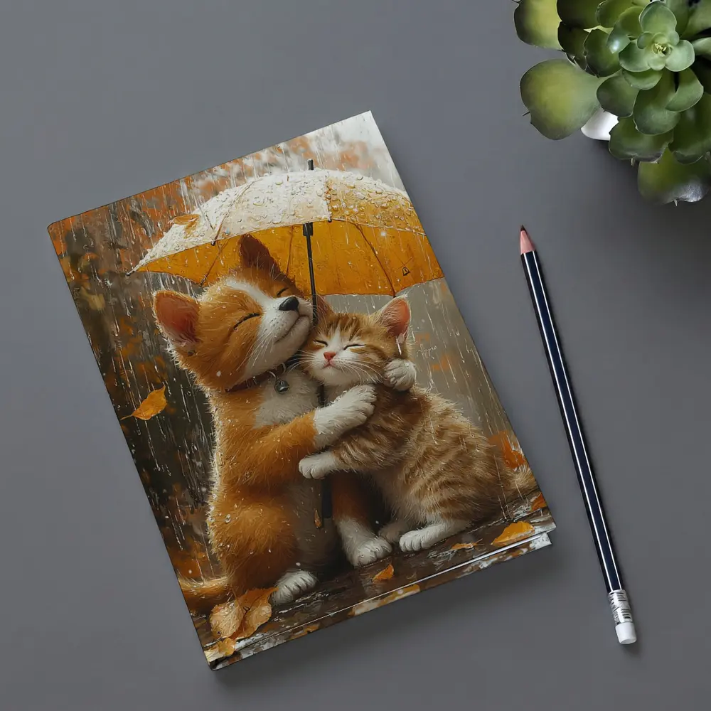 Two Orange Cats Hugging Under Yellow Umbrella – Notebooks