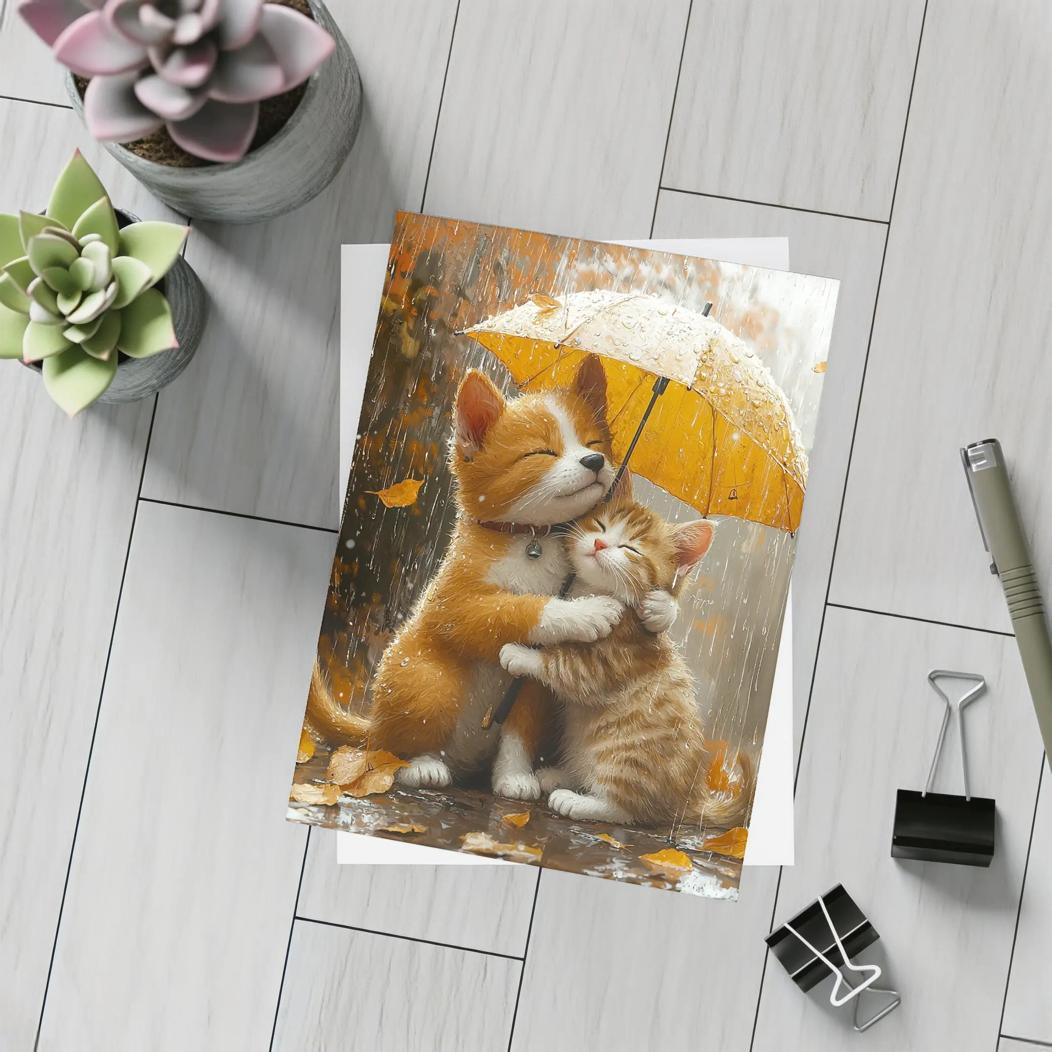 Two Orange Cats Hugging Under Yellow Umbrella – Postcards