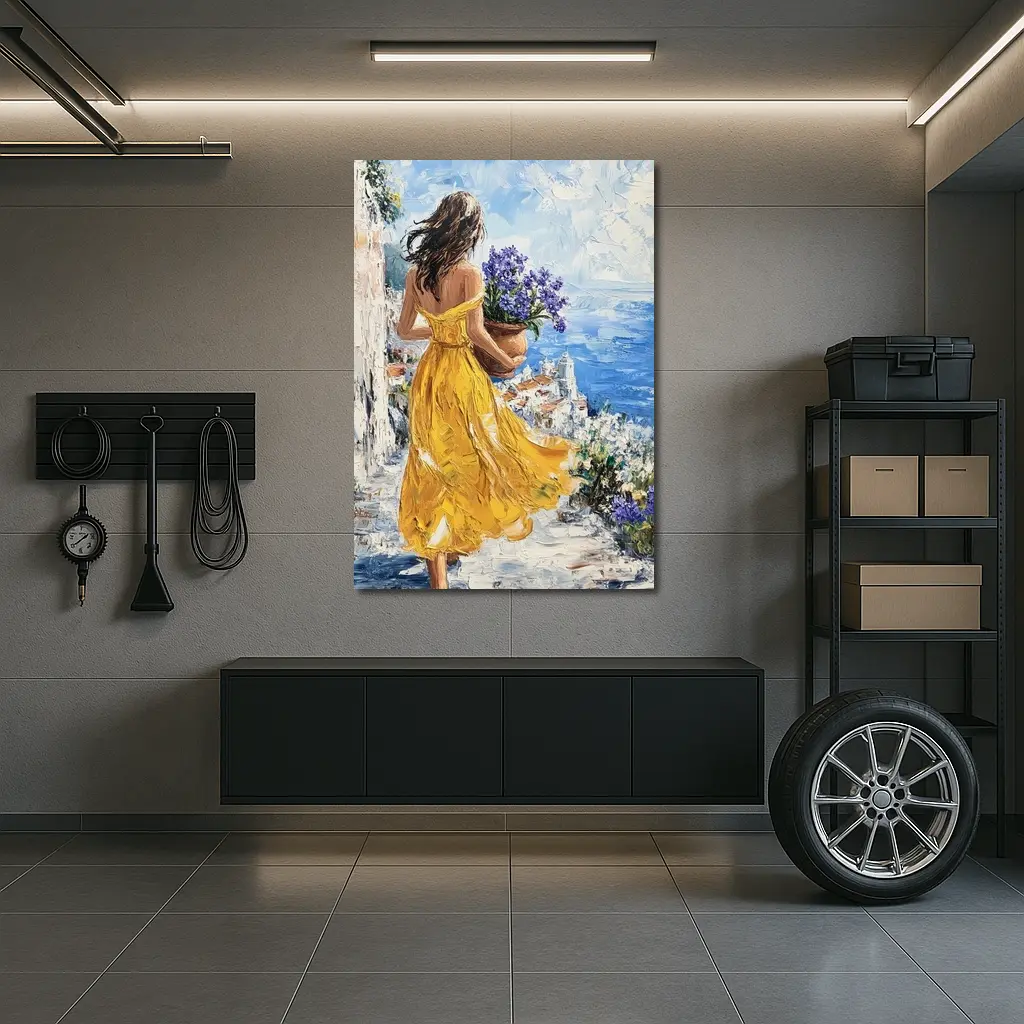 Woman Yellow Dress Mediterranean Coastal Oil Painting – Wall Art