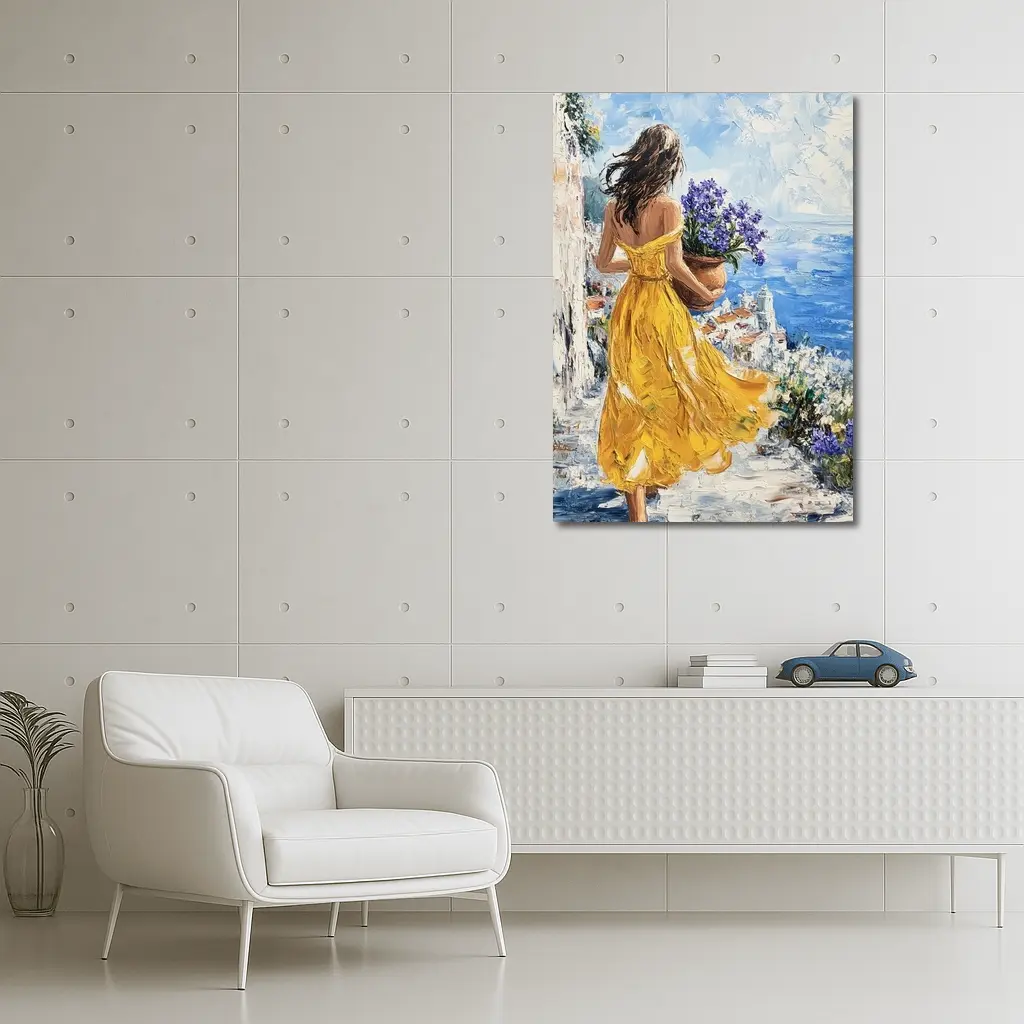 Woman Yellow Dress Mediterranean Coastal Oil Painting – Wall Art