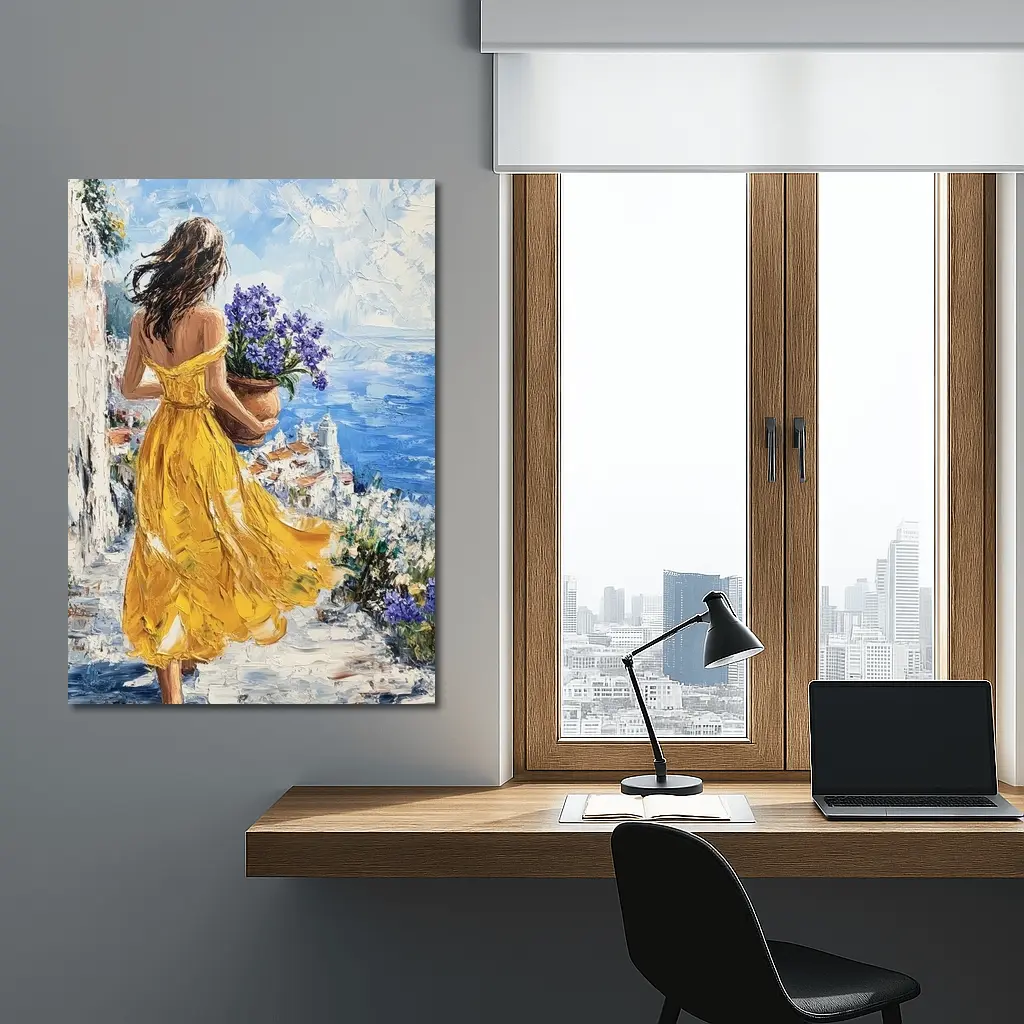 Woman Yellow Dress Mediterranean Coastal Oil Painting – Wall Art