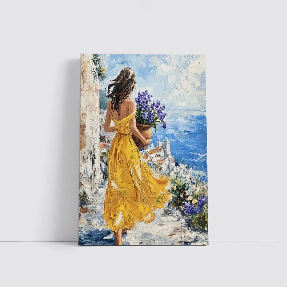 Woman Yellow Dress Mediterranean Coastal Oil Painting – Wall Art