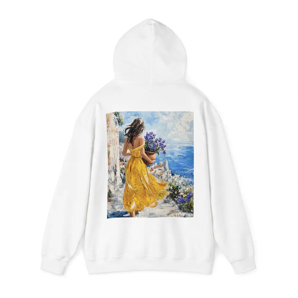 Woman Yellow Dress Mediterranean Coastal Oil Painting – Hoodies