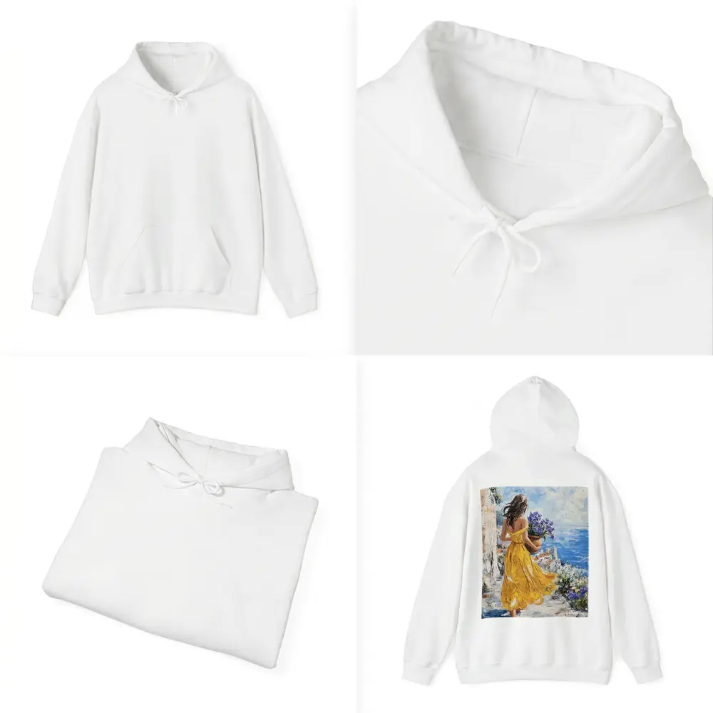 Woman Yellow Dress Mediterranean Coastal Oil Painting – Hoodies