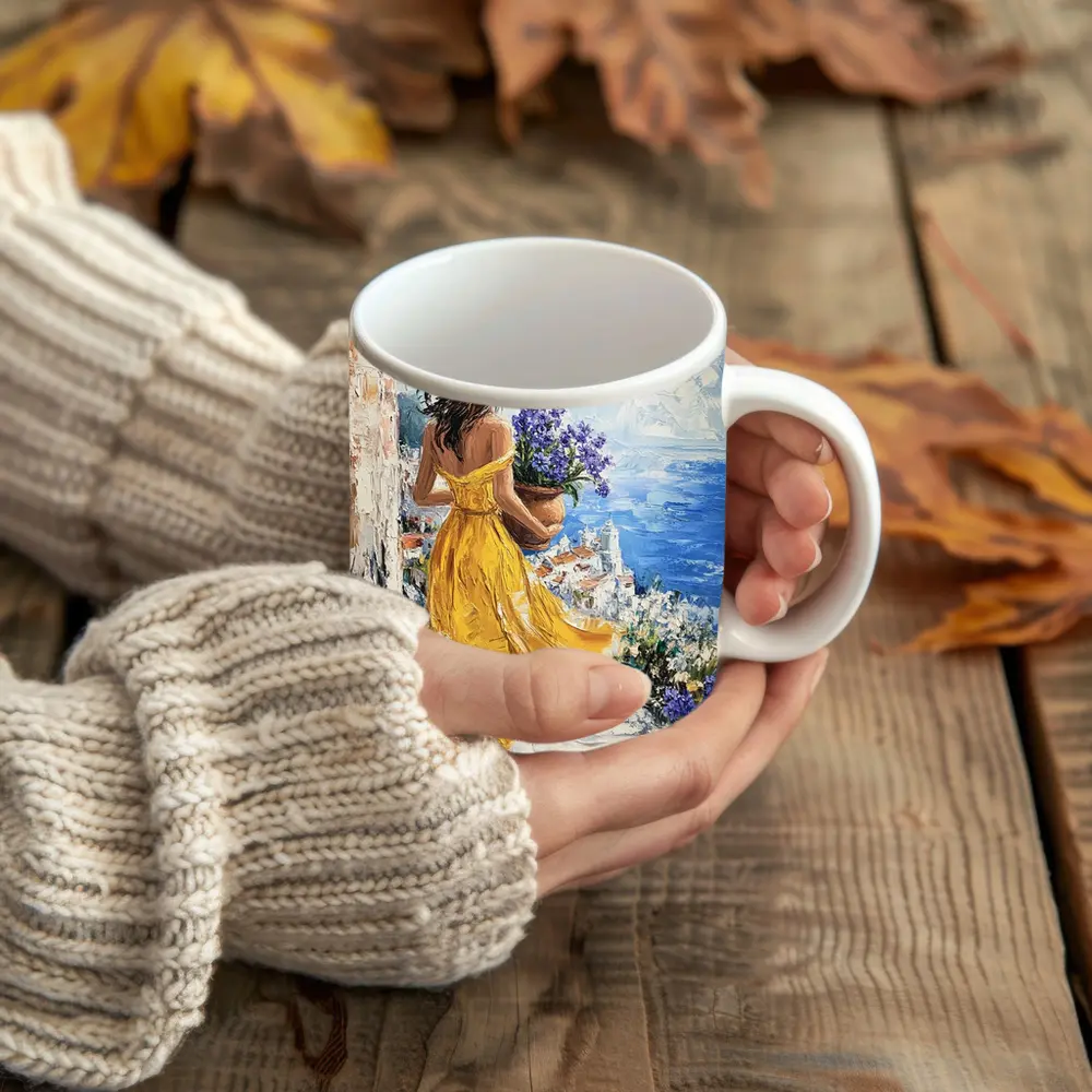Woman Yellow Dress Mediterranean Coastal Oil Painting – Mugs