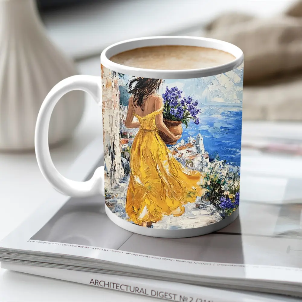 Woman Yellow Dress Mediterranean Coastal Oil Painting – Mugs