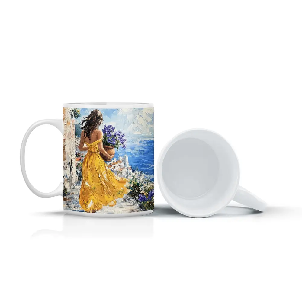 Woman Yellow Dress Mediterranean Coastal Oil Painting – Mugs