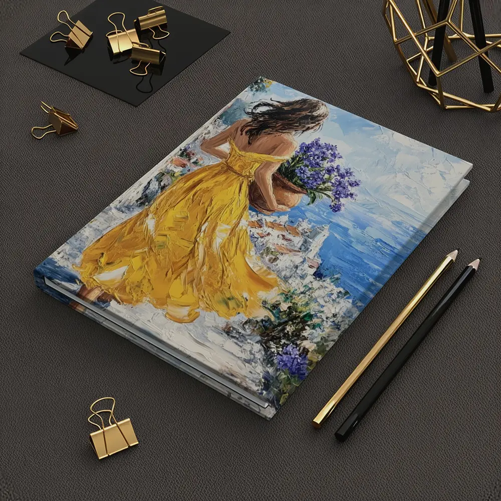 Woman Yellow Dress Mediterranean Coastal Oil Painting – Notebooks