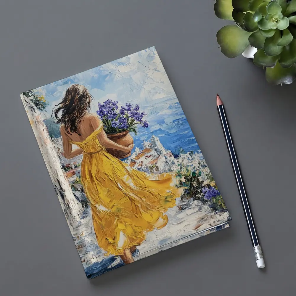 Woman Yellow Dress Mediterranean Coastal Oil Painting – Notebooks