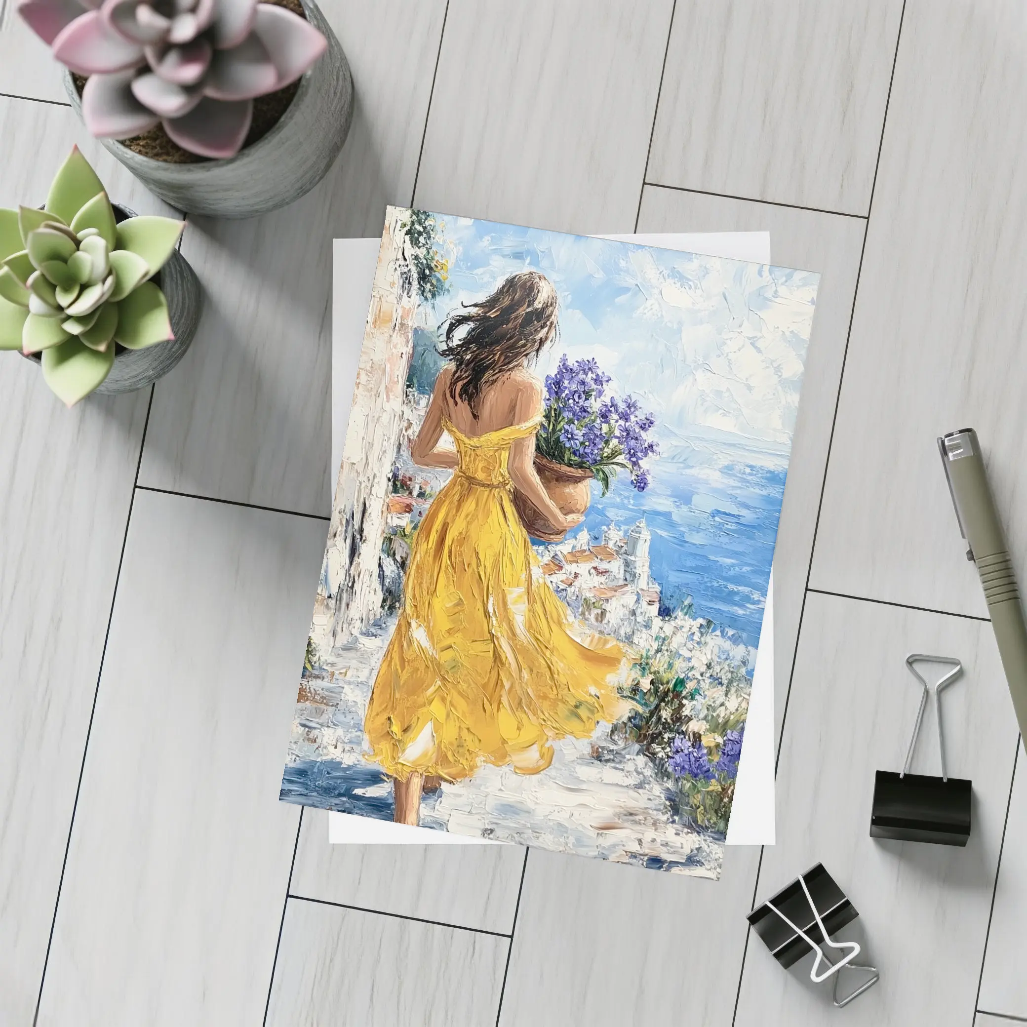 Woman Yellow Dress Mediterranean Coastal Oil Painting – Postcards