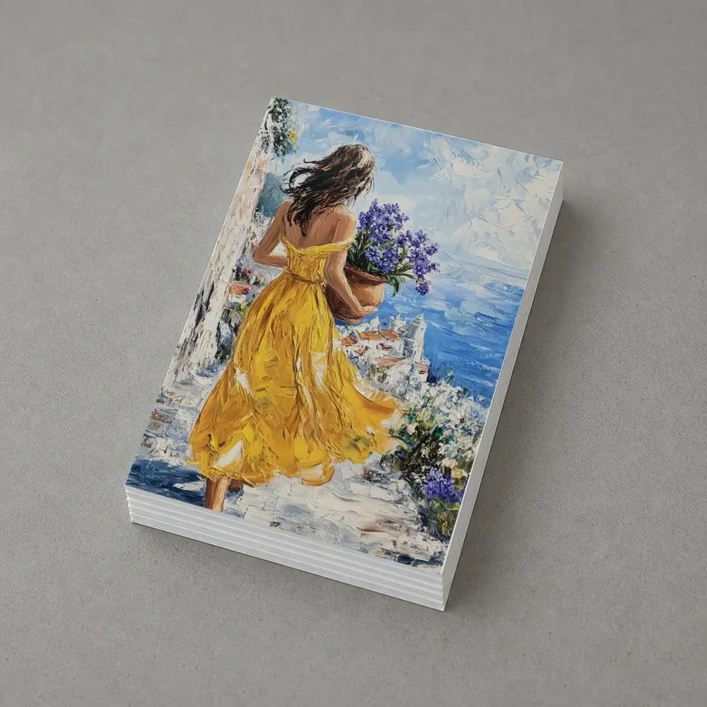 Woman Yellow Dress Mediterranean Coastal Oil Painting – Postcards