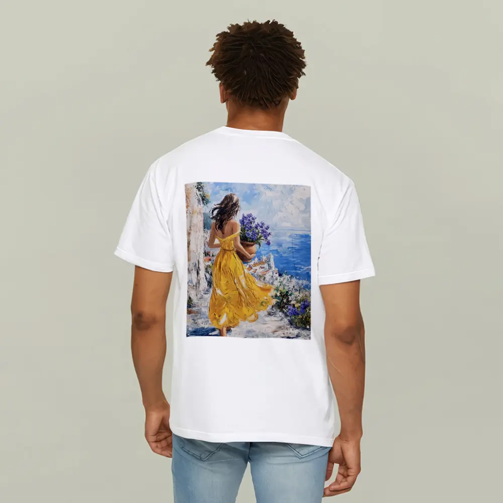Woman Yellow Dress Mediterranean Coastal Oil Painting – T-Shirts