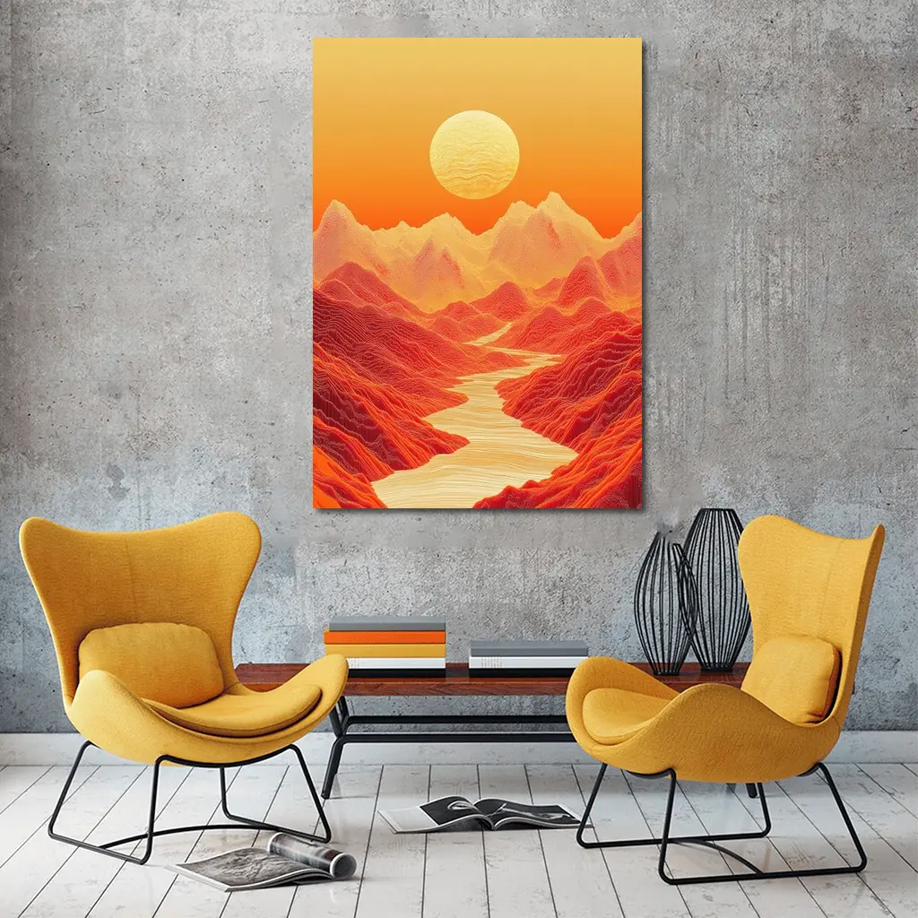 Red Mountains River Valley Sun Art – Wall Art
