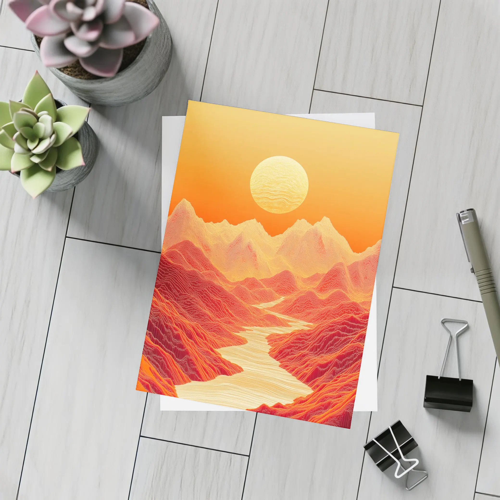 Red Mountains River Valley Sun Art – Postcards