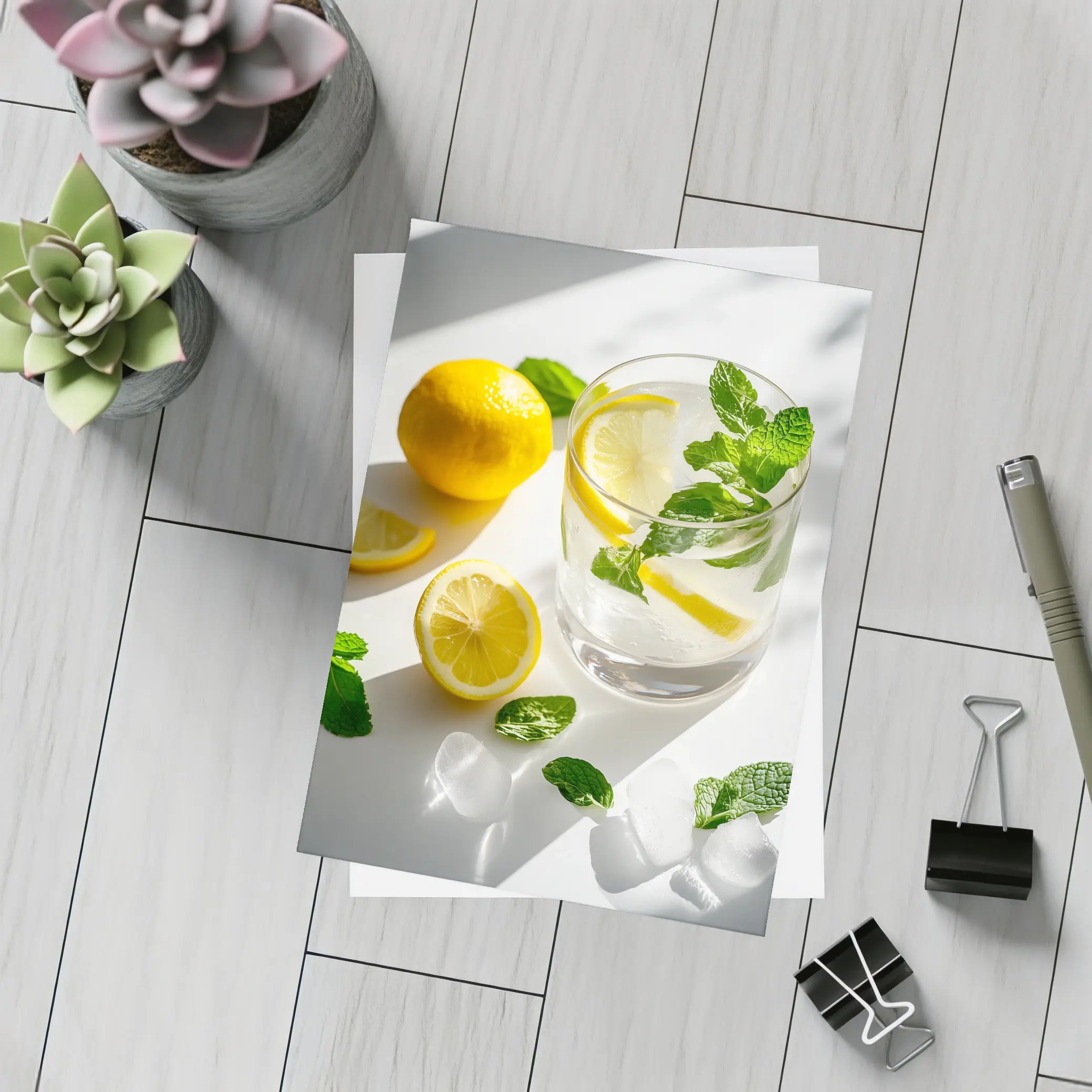 Lemon Mint Water Glass White Background – Postcards