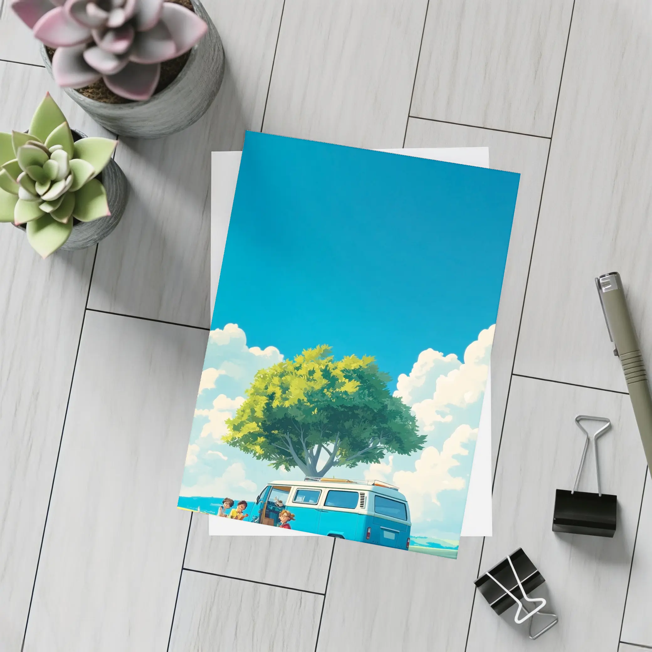 Anime Style Camper Van Summer Green Field – Postcards