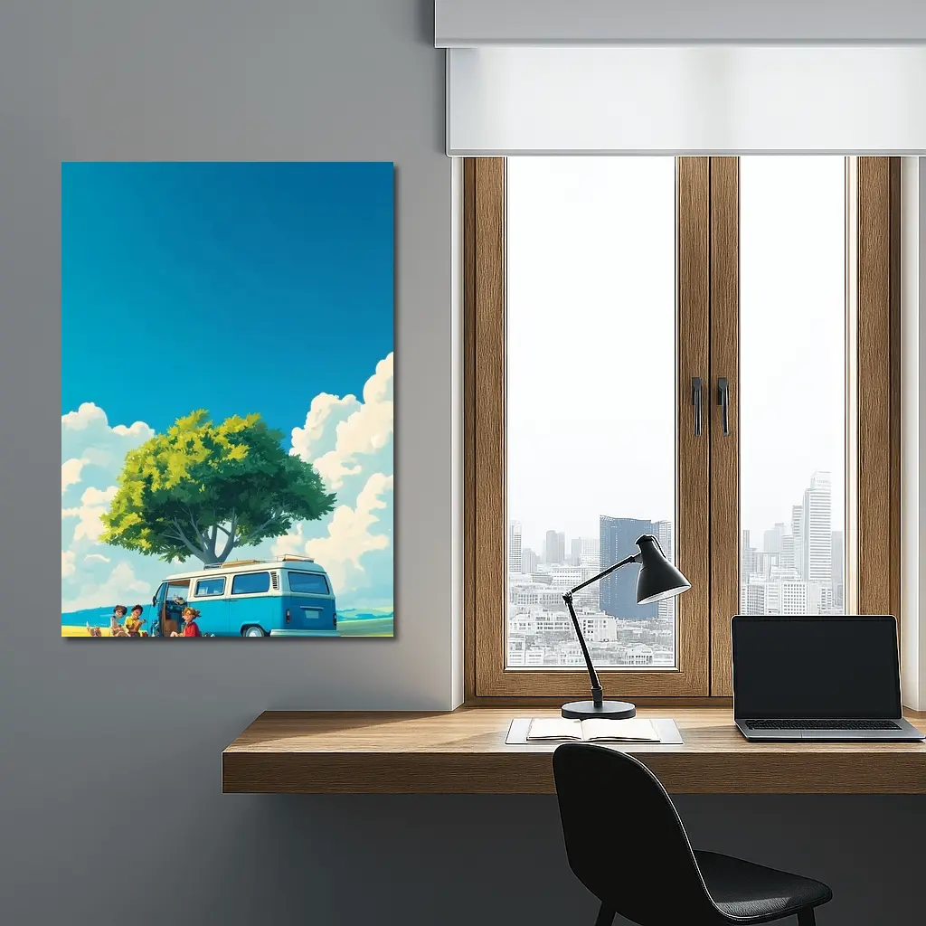 Anime Style Camper Van Summer Green Field – Wall Art