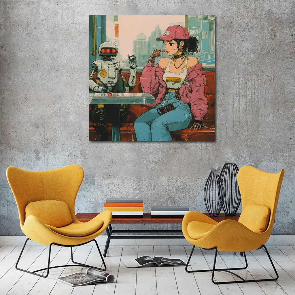 Anime Girl Robot Retro Diner Scene – Wall Art