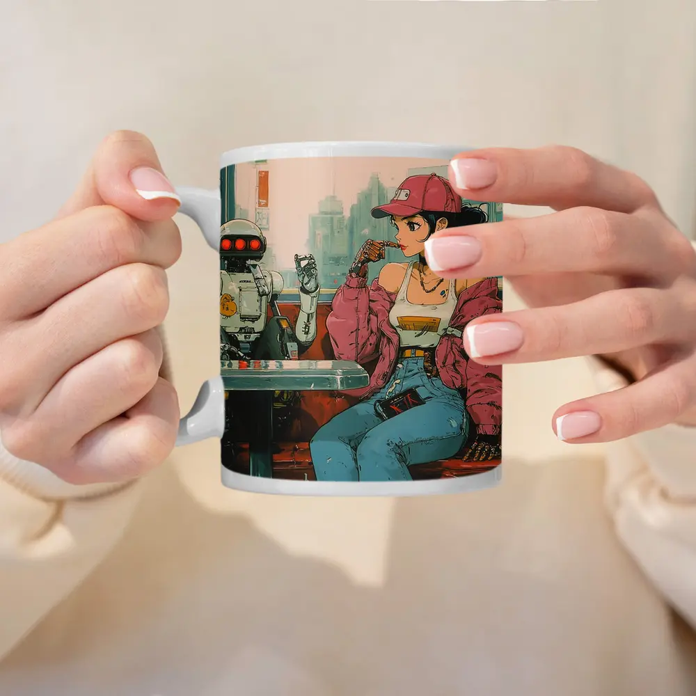 Anime Girl Robot Retro Diner Scene – Mugs