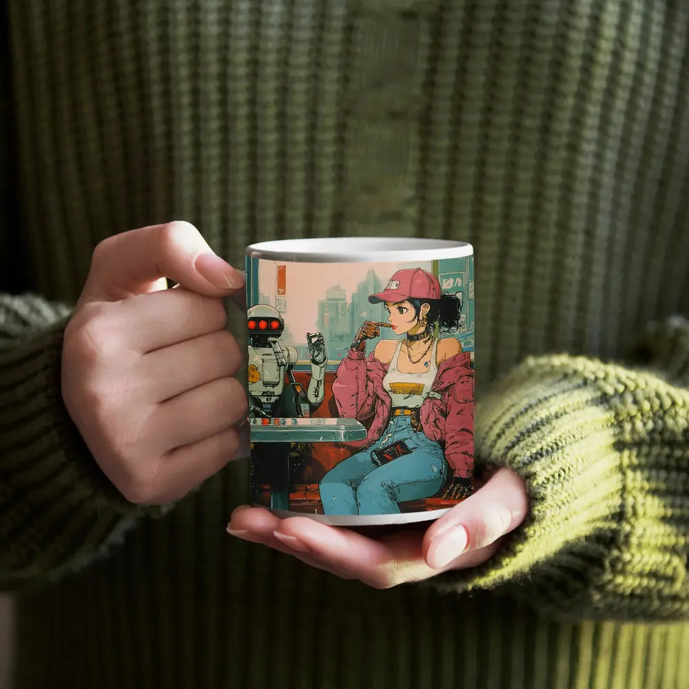 Anime Girl Robot Retro Diner Scene – Mugs