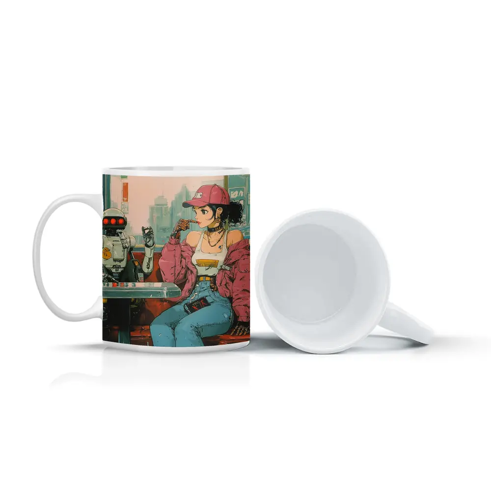 Anime Girl Robot Retro Diner Scene – Mugs