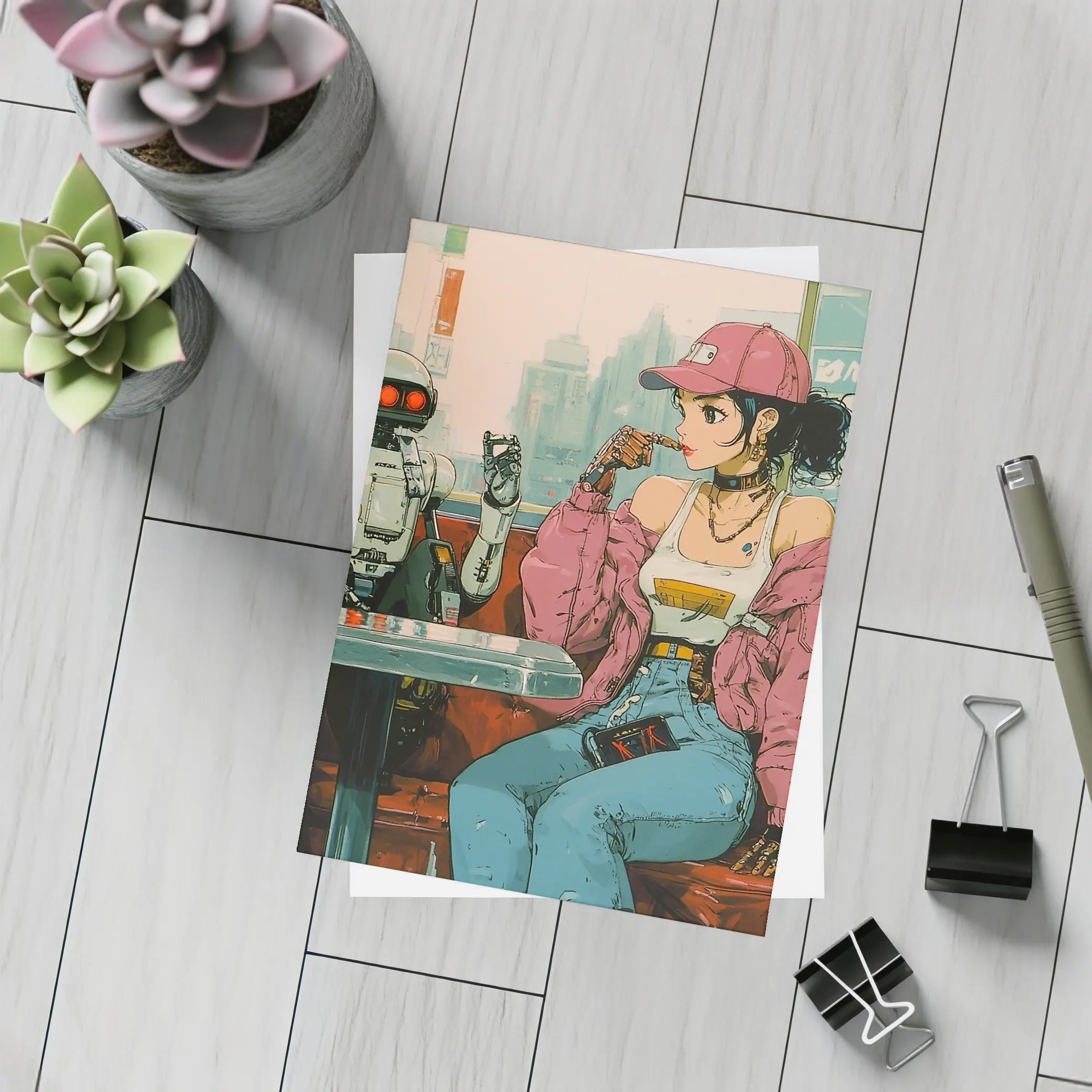 Anime Girl Robot Retro Diner Scene – Postcards