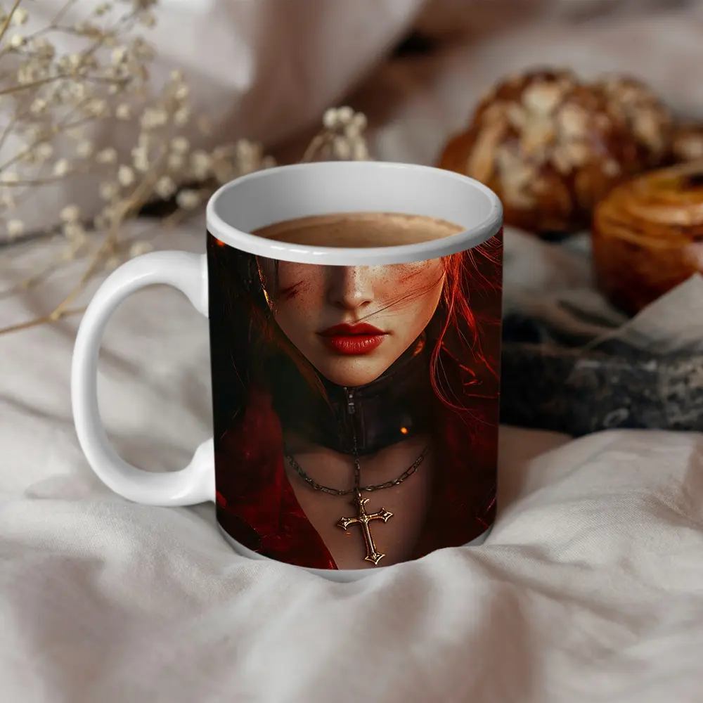 Dark Fantasy Woman Glowing Red Eyes Fire – Mugs