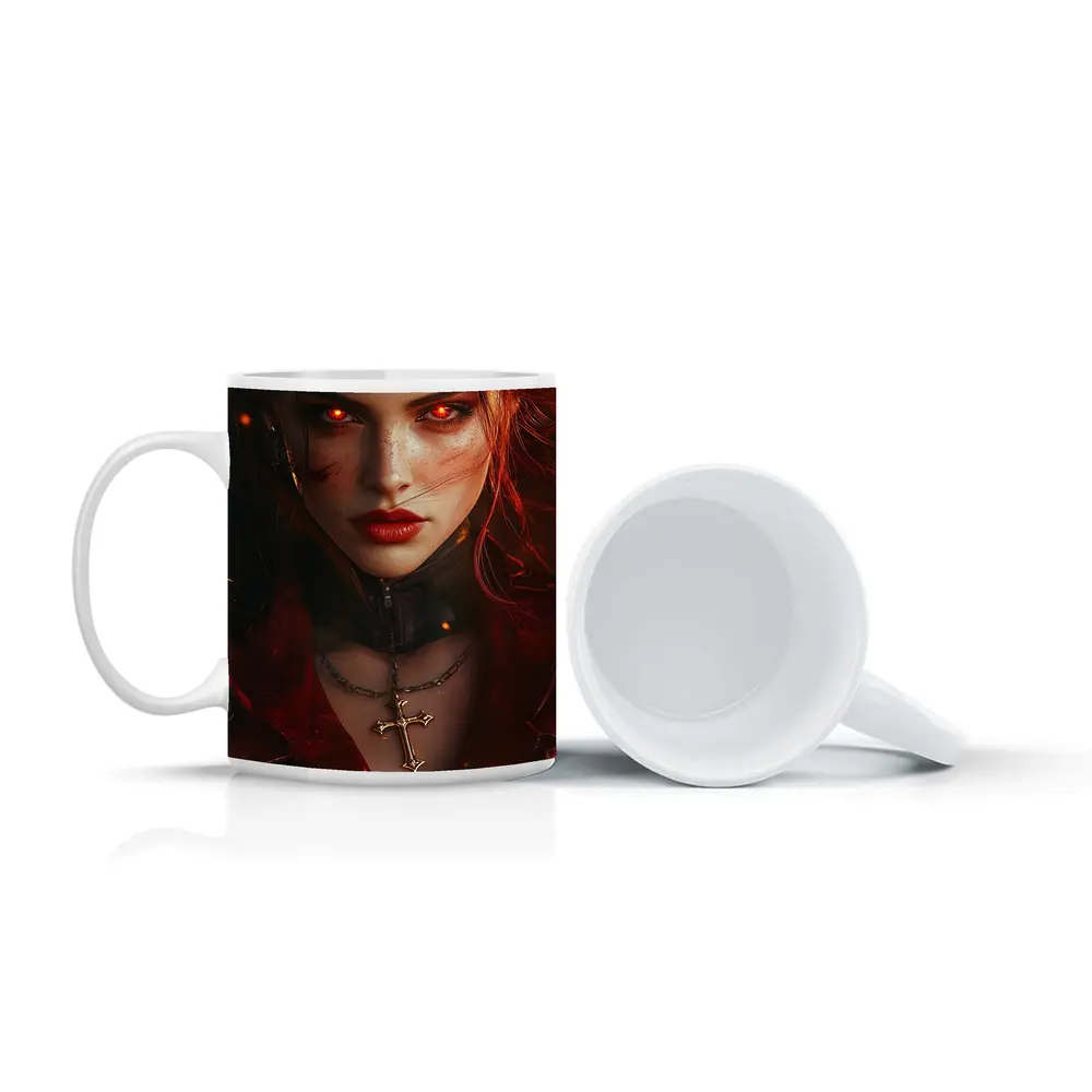 Dark Fantasy Woman Glowing Red Eyes Fire – Mugs