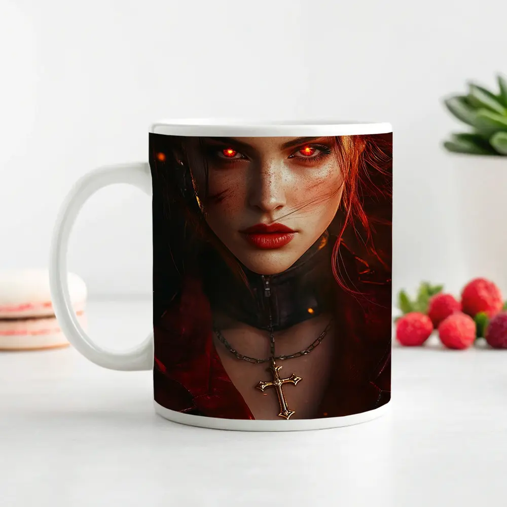Dark Fantasy Woman Glowing Red Eyes Fire – Mugs