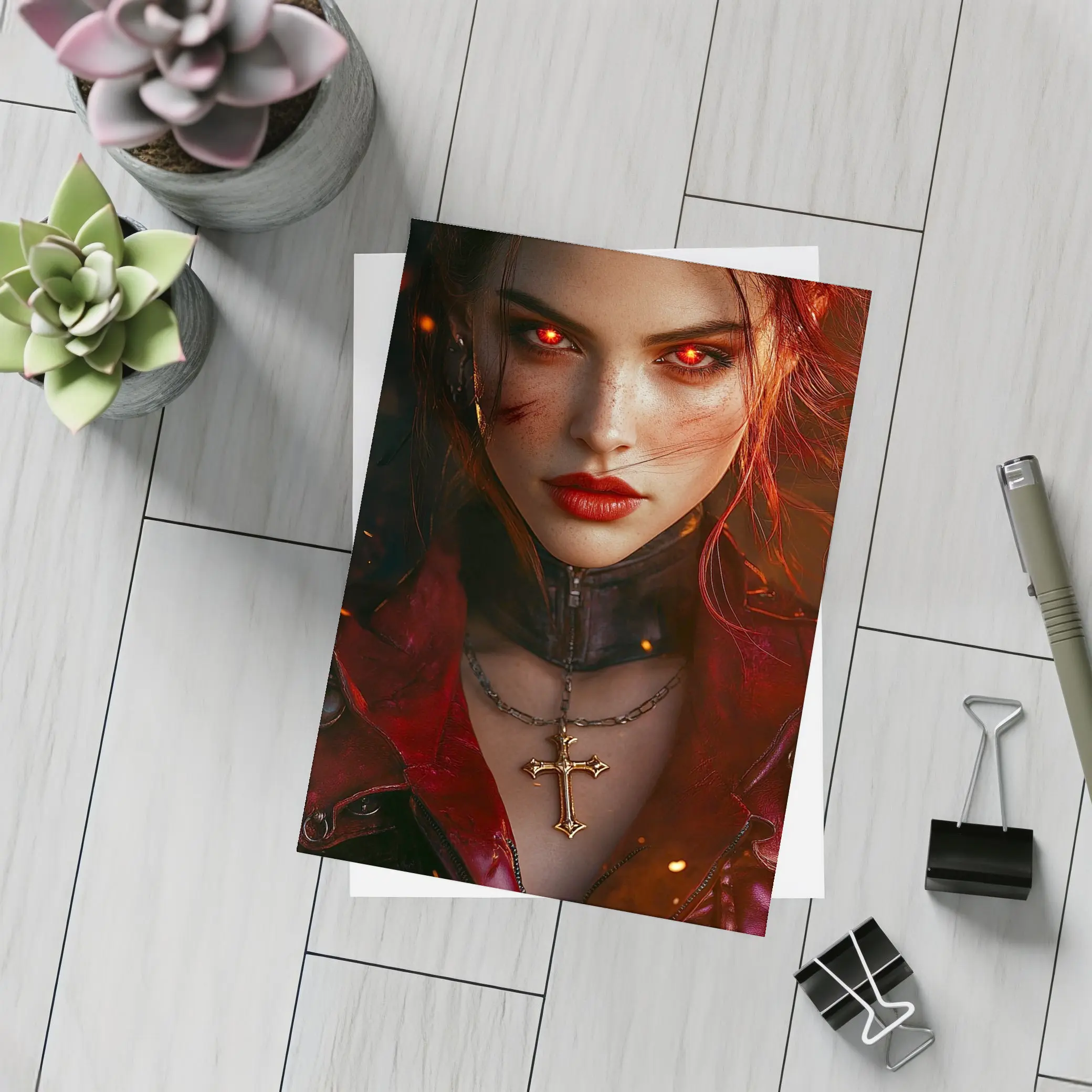 Dark Fantasy Woman Glowing Red Eyes Fire – Postcards