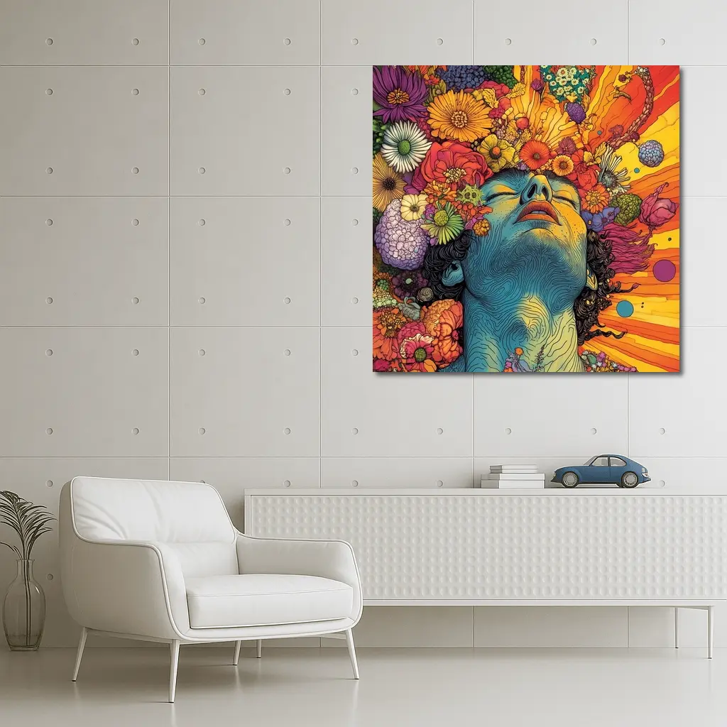Woman Head Blooming Flowers Psychedelic Art – Wall Art