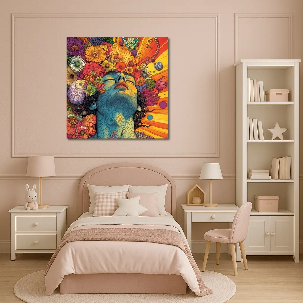 Woman Head Blooming Flowers Psychedelic Art – Wall Art