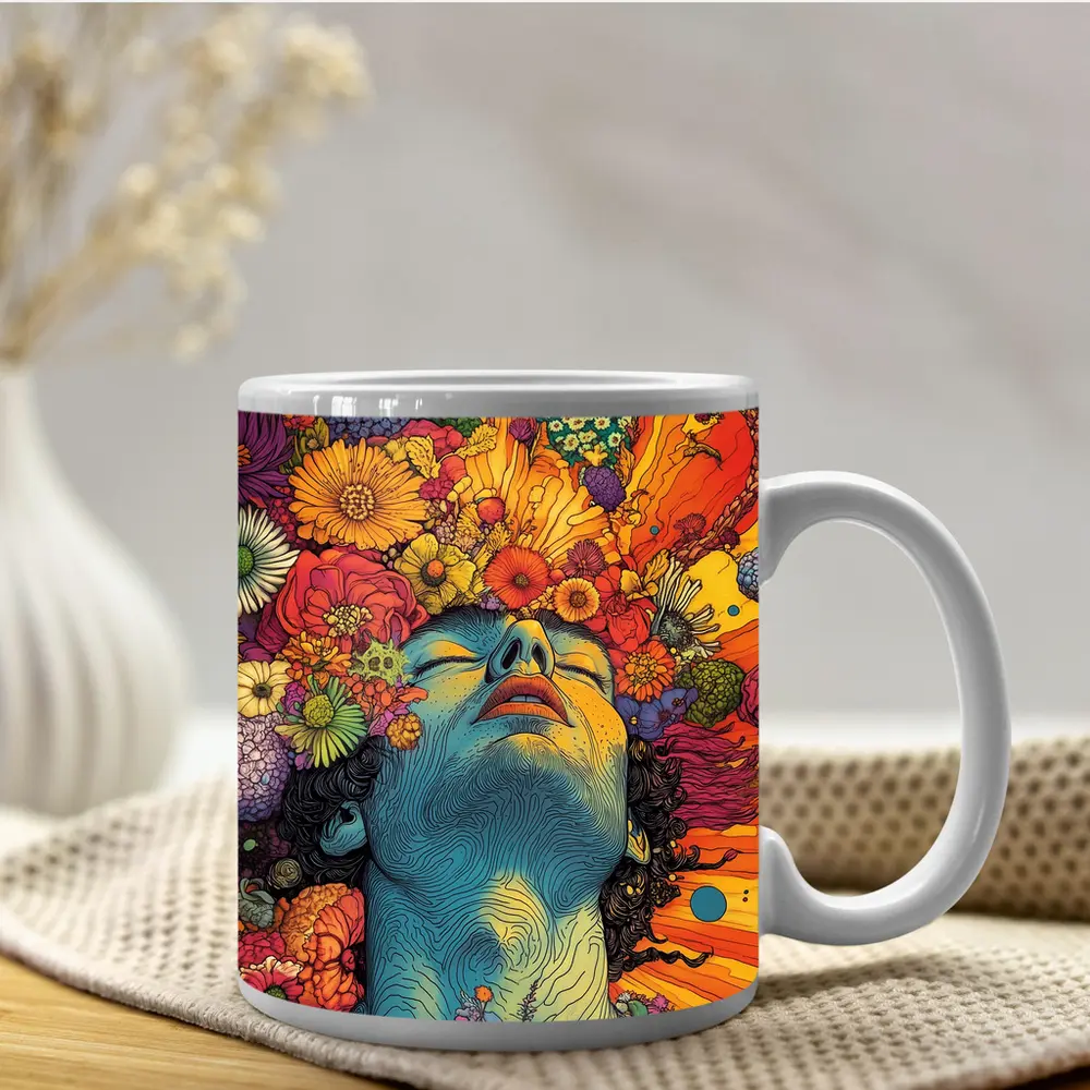 Woman Head Blooming Flowers Psychedelic Art – Mugs