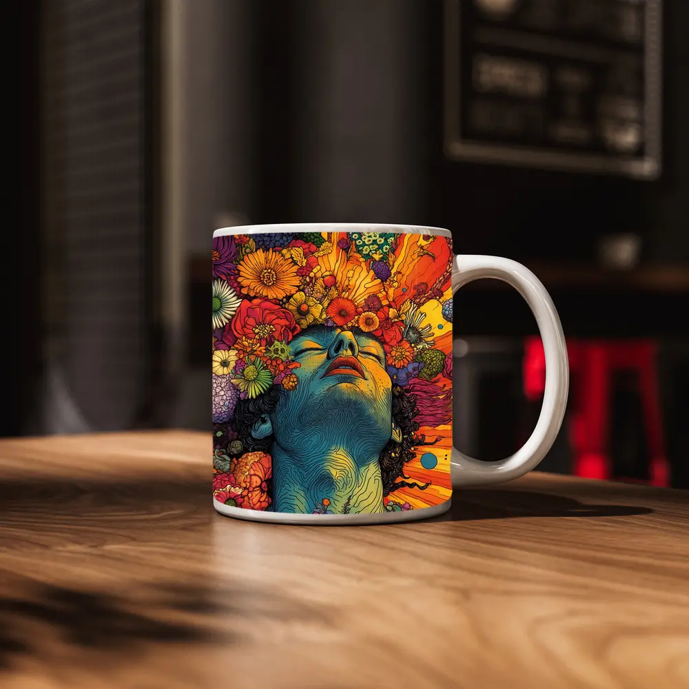 Woman Head Blooming Flowers Psychedelic Art – Mugs