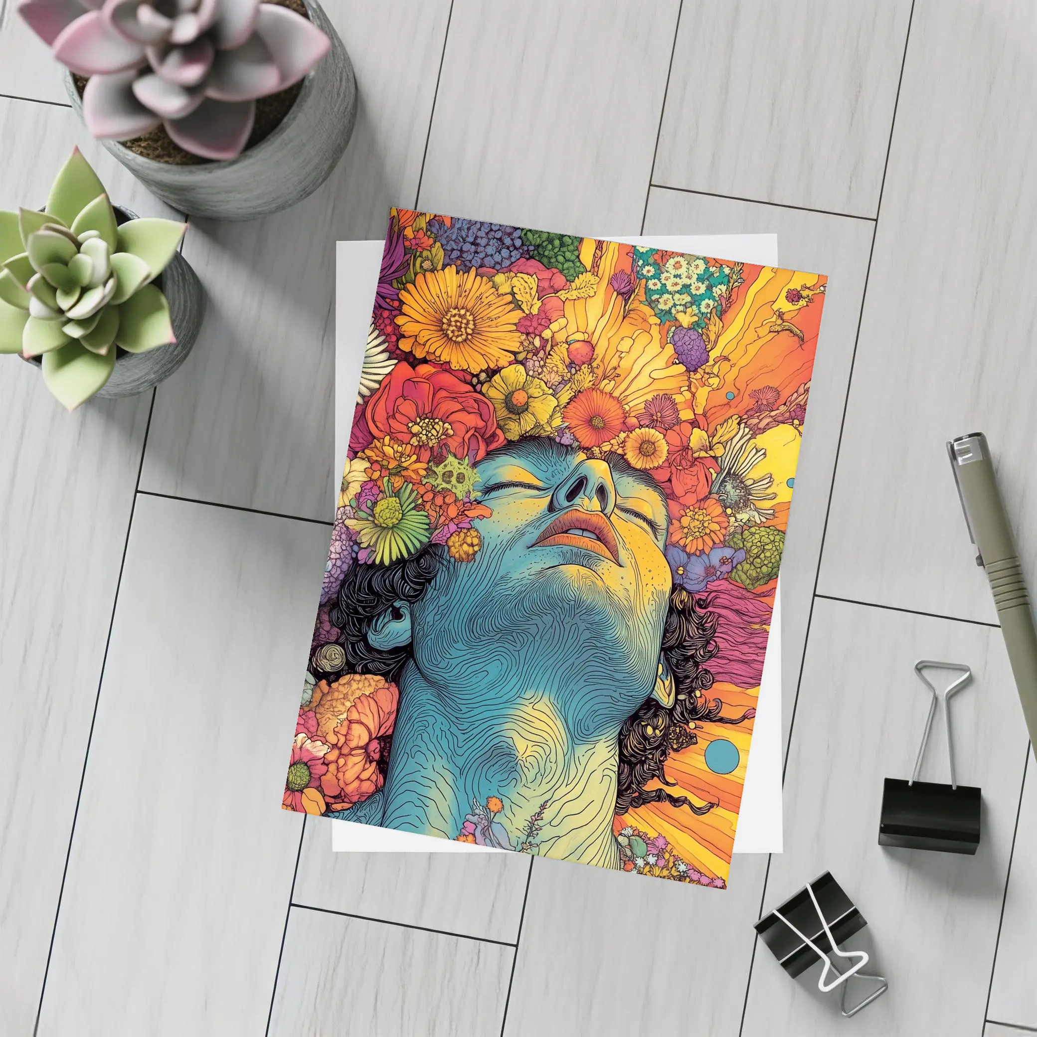 Woman Head Blooming Flowers Psychedelic Art – Postcards
