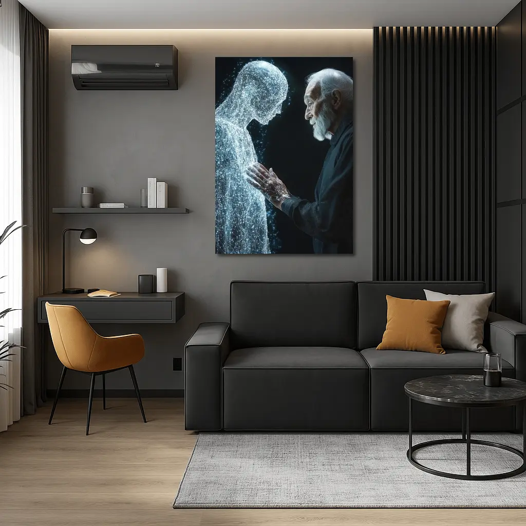 Old Man Reaching Glowing Spirit Figure Black – Wall Art