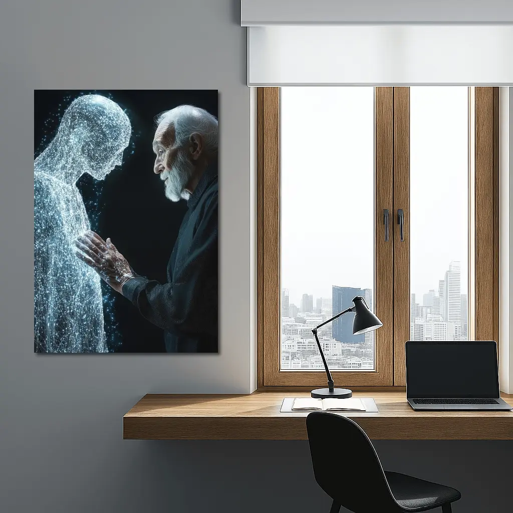 Old Man Reaching Glowing Spirit Figure Black – Wall Art