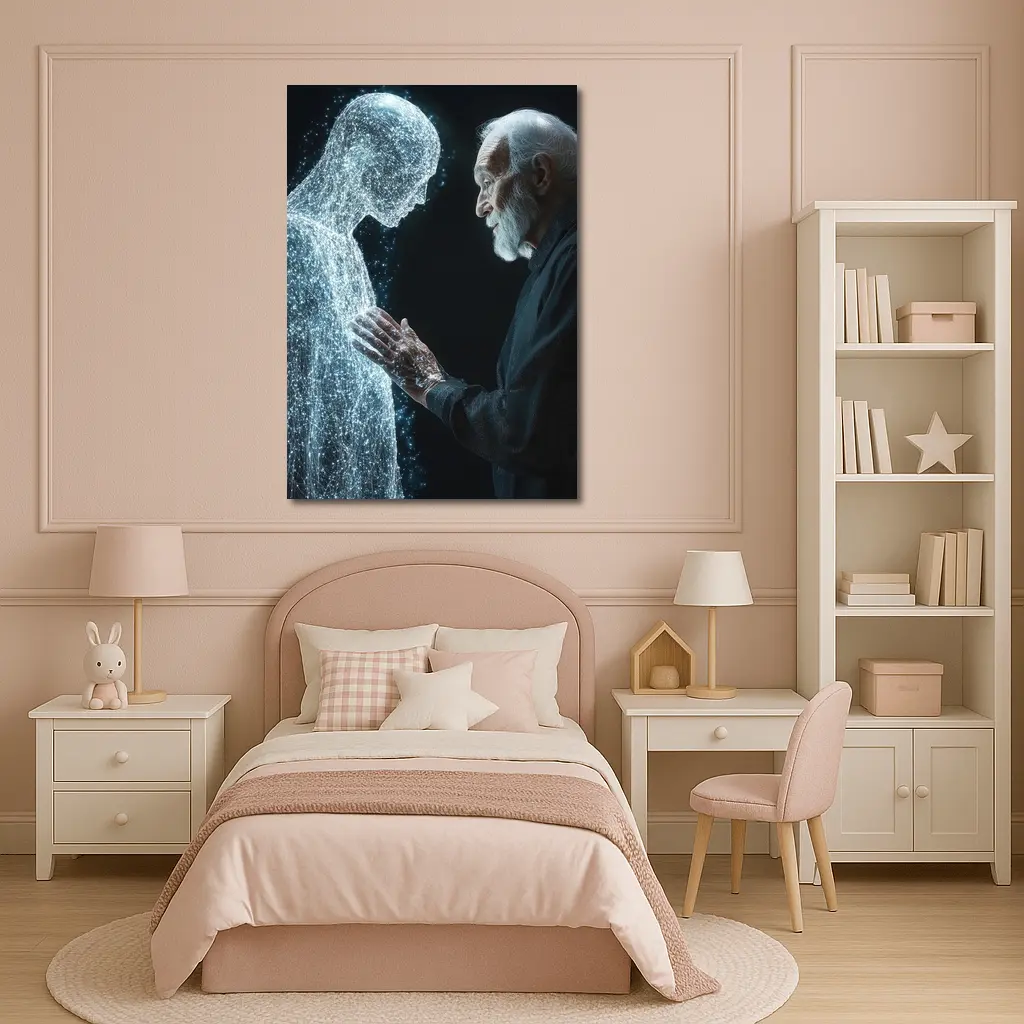 Old Man Reaching Glowing Spirit Figure Black – Wall Art