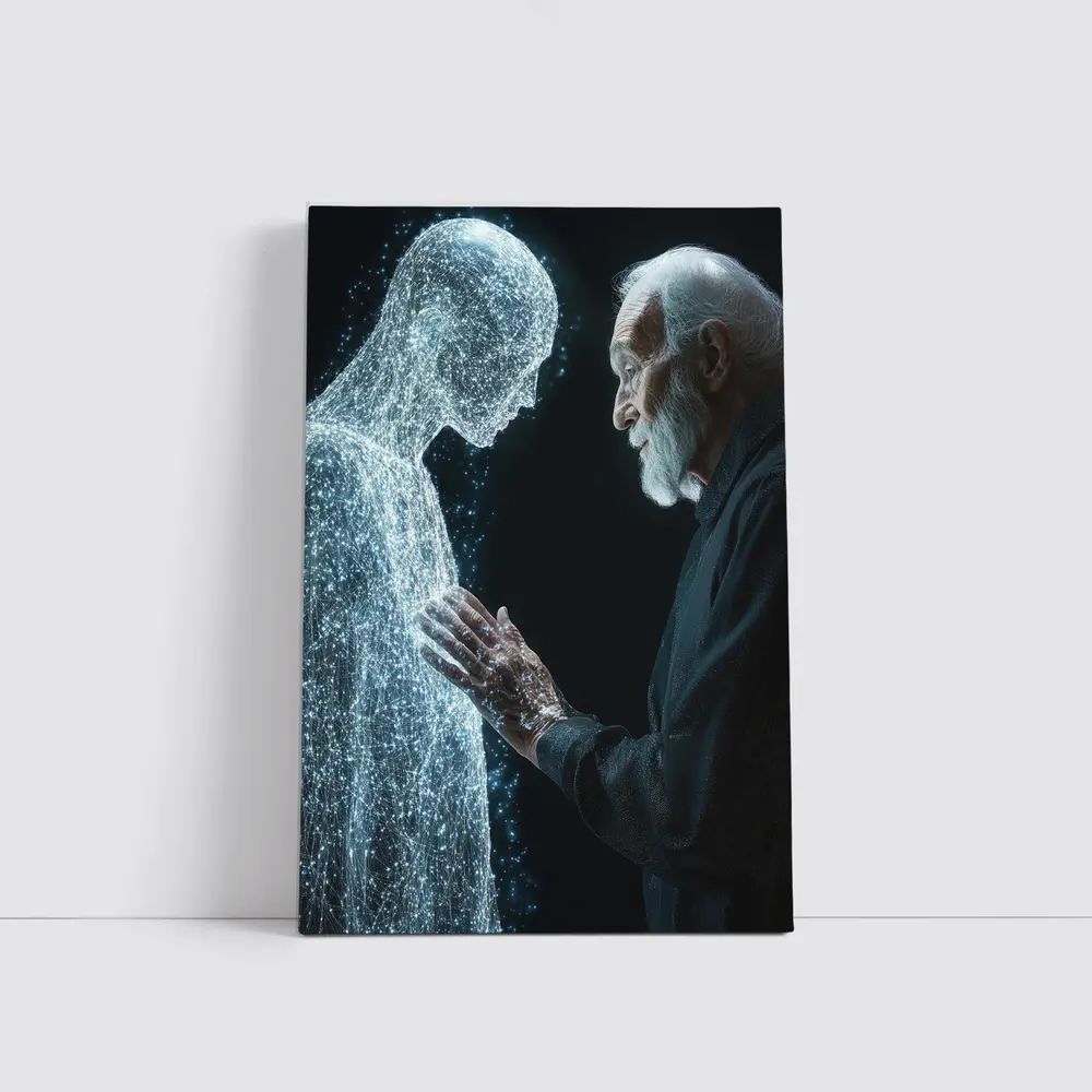 Old Man Reaching Glowing Spirit Figure Black – Wall Art