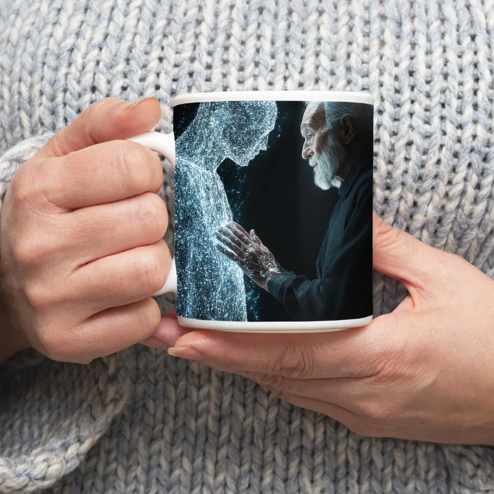 Old Man Reaching Glowing Spirit Figure Black – Mugs