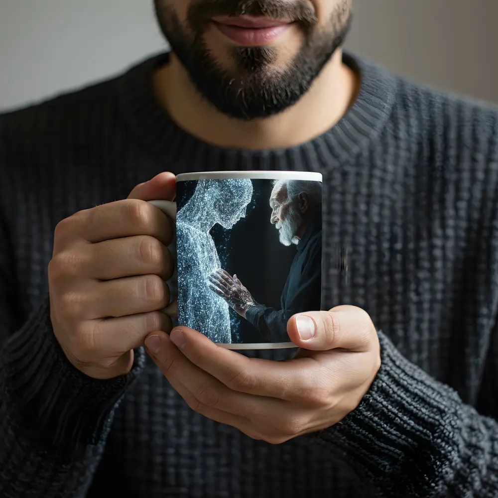 Old Man Reaching Glowing Spirit Figure Black – Mugs